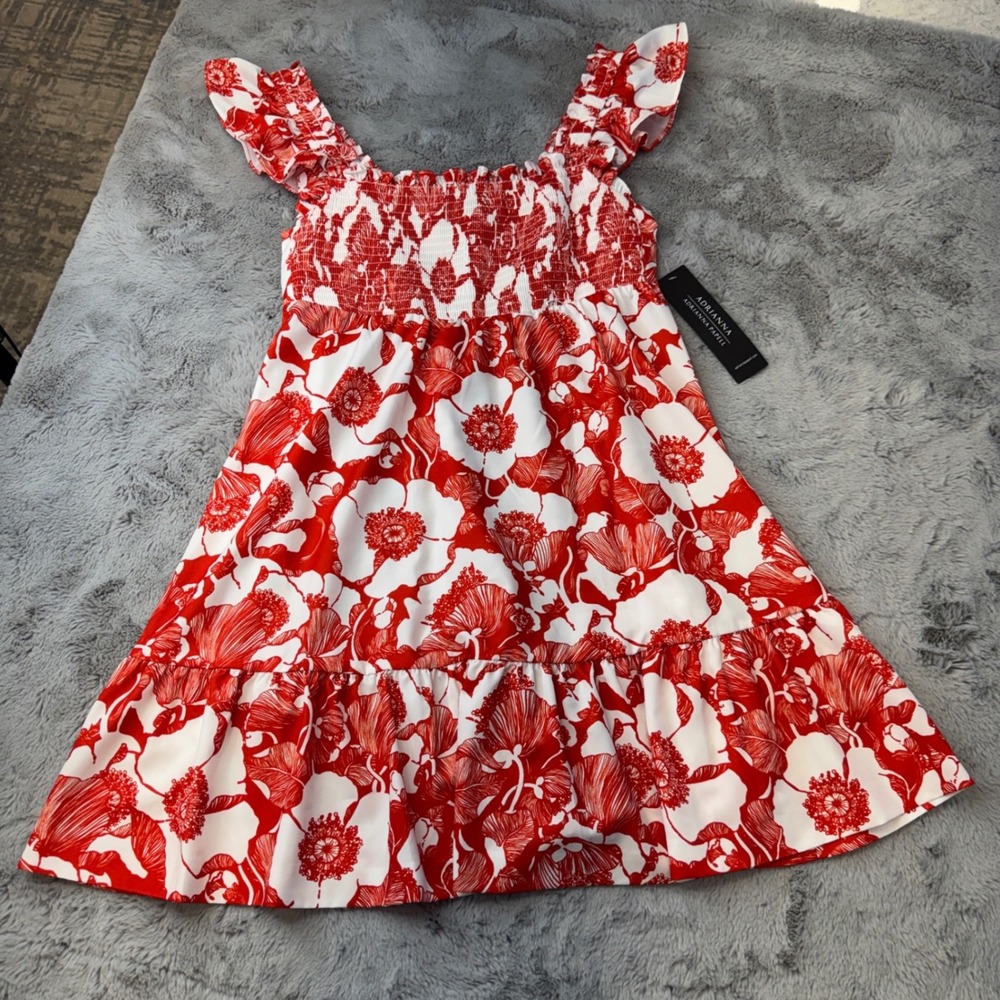 Adrianna Papell Red White Floral Smocked Ruffle Sun Dress Womens Size 6 NEW - Picture 13 of 16